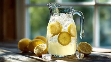 refreshing lemonade pitcher with ice and lemon slices