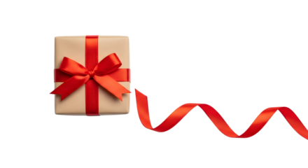 A simple gift box with a red ribbon and bow, isolated on transparent background