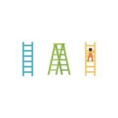 Set of Ladder Flat Vector Icons: Wooden and Metal Ladders, Concept of Growth, Career Success, and Construction Work