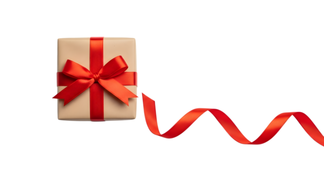 A simple gift box with a red ribbon and bow, isolated on transparent background
