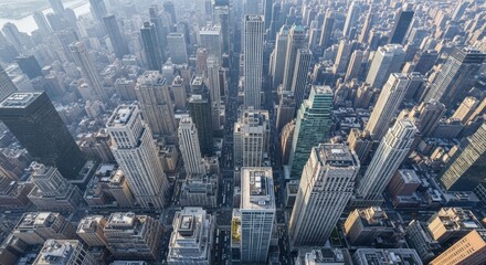 Aerial view of a dense urban cityscape. Towering skyscrapers in a major metropolitan business district. Corporate finance and real estate development concept. Urban infrastructure and global commerce