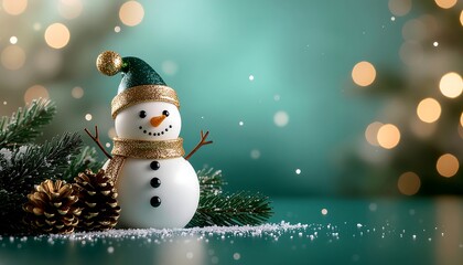 A charming snowman figurine with a festive green hat and gold scarf stands in a winter wonderland scene with pine cones and sparkling bokeh lights