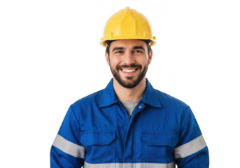 A smiling construction worker wearing a yellow hard hat and blue work uniform with reflective stripes isolated on transparent background