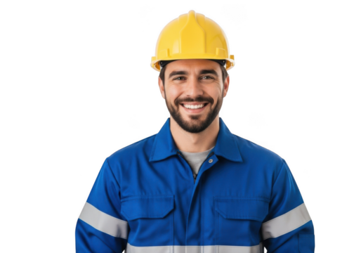 A smiling construction worker wearing a yellow hard hat and blue work uniform with reflective stripes isolated on transparent background