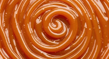 Glossy caramel sauce swirl. Rich toffee topping with a smooth texture. Abstract liquid spiral pattern. Confectionery ingredient for desserts. Sweet food macro detail for culinary design