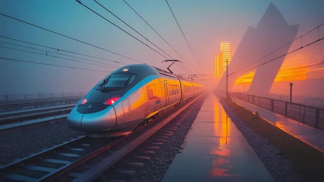 Cinematic shot of a glowing train approaching on wet railway tracks at night, neon orange lights reflecting on rails, futuristic city skyline in the mist