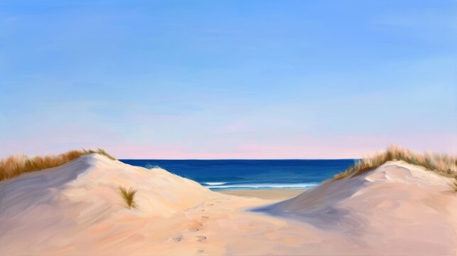 Serene Beach Pathway Between Soft Sand Dunes Leading to a Calm Ocean Horizon Under a Clear Blue Sky
