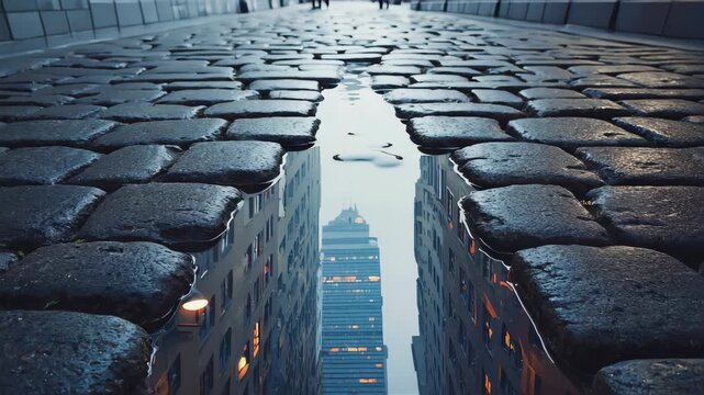 City skyscrapers reflected in a puddle on cobblestone street, wet textured stones