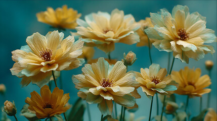 Delicate Yellow Flowers in Full Bloom Against a Soft Blue Backdrop.