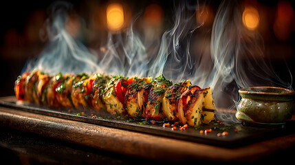 Delicious Sushi Rolls with Steam on a Dark Plate.