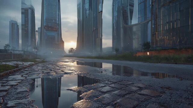 City skyscrapers reflected in a puddle on cobblestone street, wet textured stones