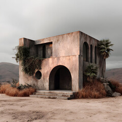 Desert Oasis A Weathered Building Amidst Arid Landscape.