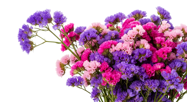 A vibrant bouquet of purple, pink, and blue statice flowers isolated on transparent background - Powered by Adobe