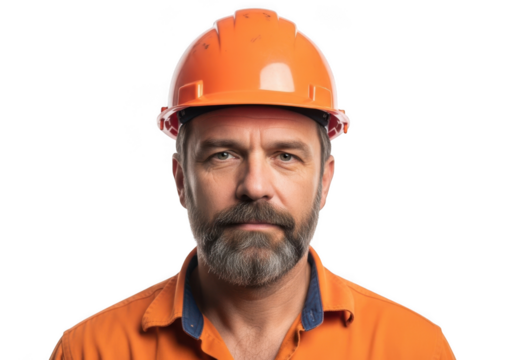Serious bearded man wearing orange hard hat and work shirt isolated on transparent background - Powered by Adobe