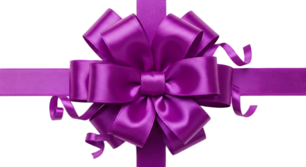 A vibrant purple satin ribbon bow with horizontal and vertical bands on a transparent background
