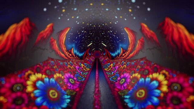 Psychedelic Night Stars Flowers Seamless Looped Background