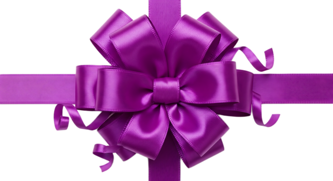 A vibrant purple satin ribbon bow with horizontal and vertical bands on a transparent background - Powered by Adobe