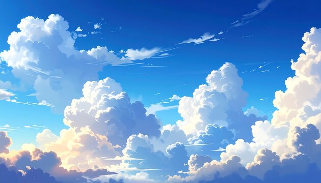 Anime-Style Sky Illustration: A Beautiful Blue Sky and Fluffy White Clouds
