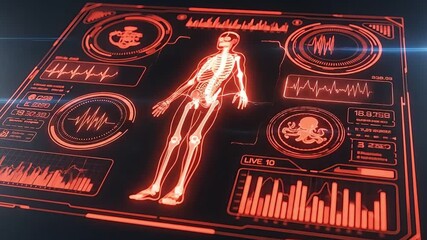 Dynamic medical scan showing human anatomy with futuristic hud interface and vital signs for healthcare technology and digital diagnostics - Powered by Adobe