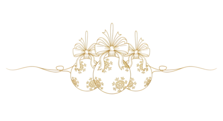 Elegant gold line art of three christmas ornaments with bows and swirls isolated on transparent background
