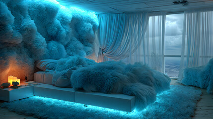 Dreamy Bedroom with Cloud Decor and Blue Lighting.