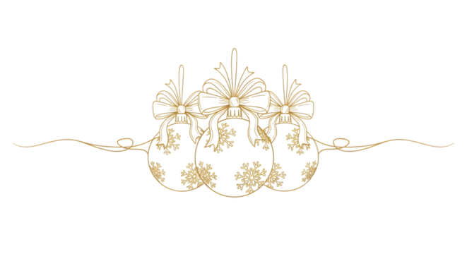 Elegant gold line art of three christmas ornaments with bows and swirls isolated on transparent background - Powered by Adobe