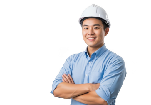 Smiling asian man wearing a white hard hat and blue collared shirt with arms crossed isolated on transparent background