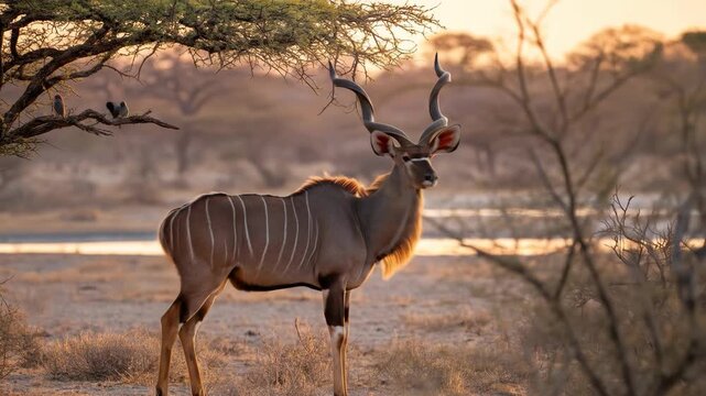 Majestic Greater Kudu Antelope Stands Under Tree Branches in African Savanna During Golden Hour Safari Adventure