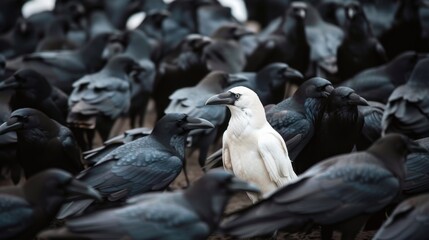 Obraz premium A group of black crows surrounds a single white crow. The scene captures the contrast between the black and white birds in a natural setting.
