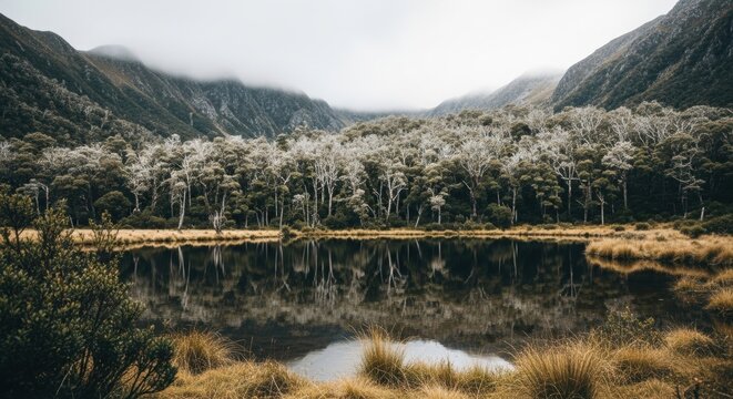 Wilderness landscape with a still mountain lake. Moody forest reflection in the calm water. Overcast sky and low clouds in a remote valley. Concept for travel and environmentalism