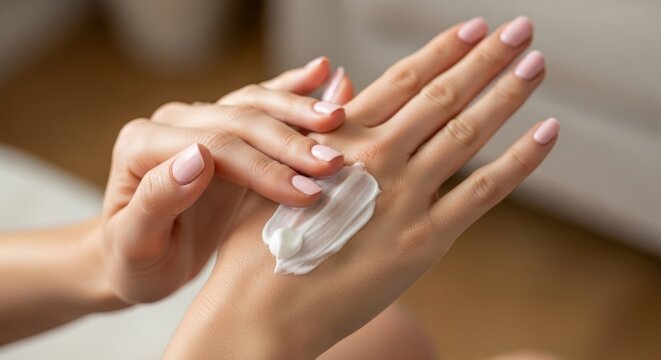 Woman applying moisturizing cream to her hand indoors