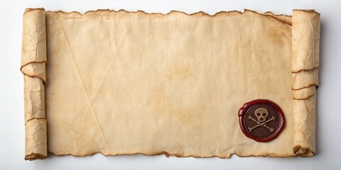 Fototapeta premium Pirate Old parchment scroll with a wax seal featuring a skull design, suggesting treasure maps or pirate themes.