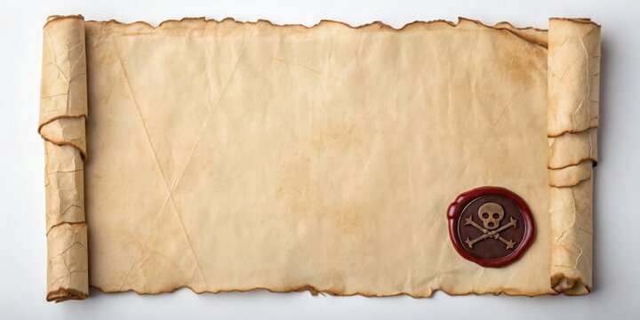 Pirate Old parchment scroll with a wax seal featuring a skull design, suggesting treasure maps or pirate themes.