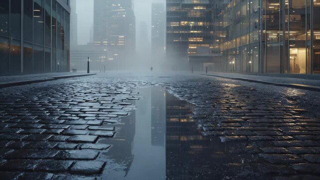 City skyscrapers reflected in a puddle on cobblestone street, wet textured stones