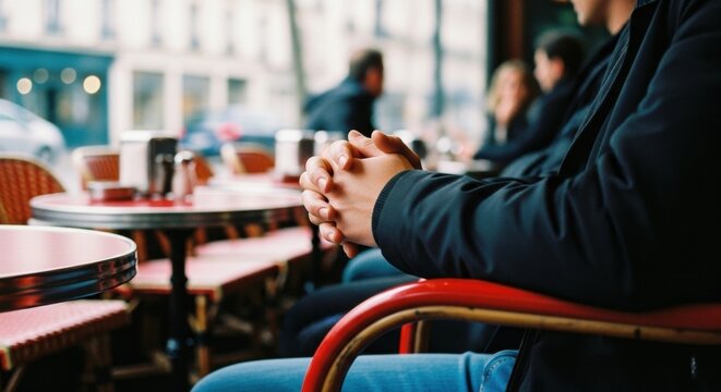 Person with clasped hands at a European street cafe. Urban lifestyle and social gathering concept. Thoughtful moment of waiting or listening during a casual conversation