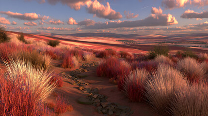 Dreamy landscape with pink grass and soft clouds at sunset.