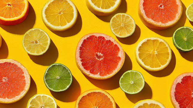 vibrant citrus fruit slices pattern flat lay