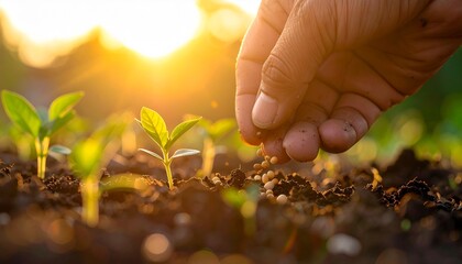 Fototapeta premium Hand planting seeds in soil with sunlight and young sprouts symbolizing growth, agriculture, and sustainability.