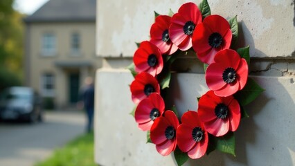 A wreath of red poppies adorns a stone wall, symbolic of remembrance and honor