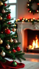 A festive Christmas tree decorated with ornaments surrounded by a warm fireplace