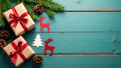 A beautifully wrapped Christmas gift with a red ribbon and a deer, perfect for holiday season decorations or cards