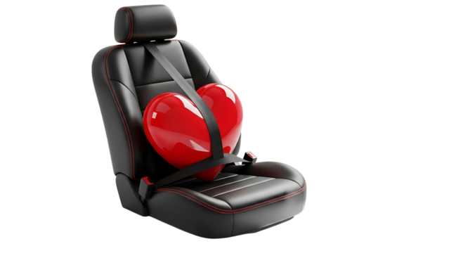 Red heart in a car seat with seatbelt isolated on transparent background