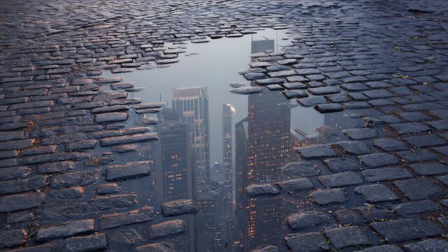 City skyscrapers reflected in a puddle on cobblestone street, wet textured stones
