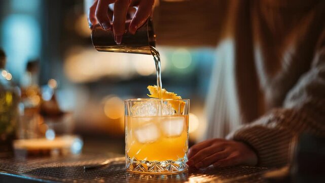 Close up hand pouring freshly mixed cocktail into glass with lemon garnish, set on bar counter. Scene captures elegance, artistry modern mixology in trendy nightlife setting