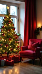 A beautifully decorated Christmas tree in a cozy living room setting