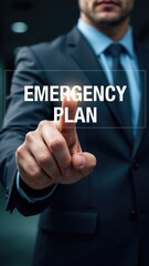 A businessman gestures towards an emergency plan on a wall, conveying importance and urgency