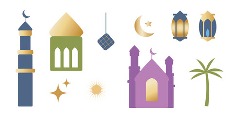 Ramadan element pack for greeting eid web design. Mosque, moon, star, lantern, shape, golden. Vector illustration