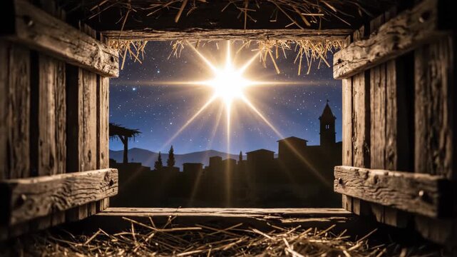 star of bethlehem shines brightly in night sky over ancient city. view from inside rustic stable. biblical nativity scene. christmas holiday, religious background. - Powered by Adobe
