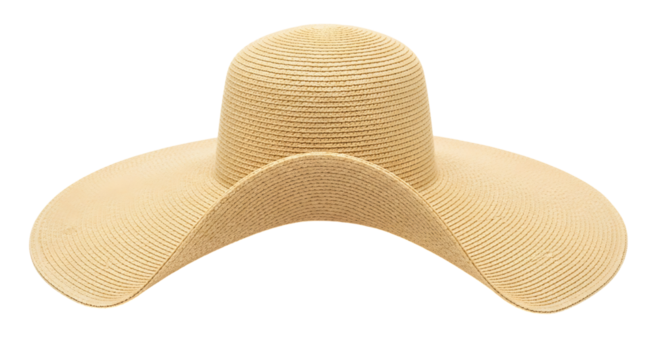 Widebrimmed natural straw sun hat isolated on transparent background