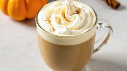 A cup of coffee topped with whipped cream and cinnamon sprinkles, perfect for breakfast or a snack